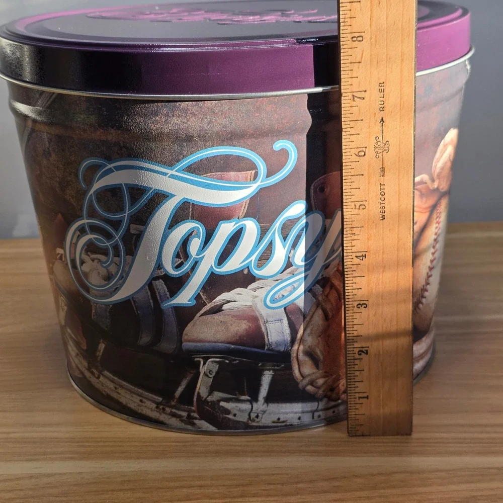 Topsys‎ Vtg Sports Collectible Popcorn Tin Purple Lid Football Skates Baseball
